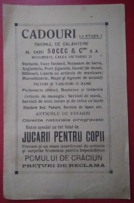 Reclamă CASA SOCEC din București - anii 1920