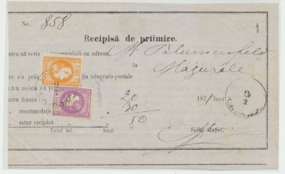 Romania 1871 recipisa postala cu francatura rara timbre Carol I cu favoriti 2 bani &amp;amp; 3 bani foto