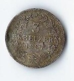 Moneda 3 kreuzer 1867 - Hesse-Darmstadt, Germania, 1,23 g argint 0,250, cu lovituri