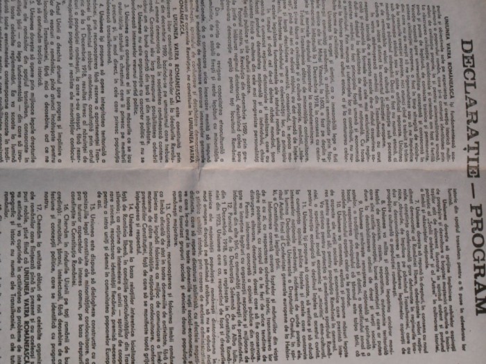 Declaratie-Program, Uniunea Vatra Romaneasca, format A3