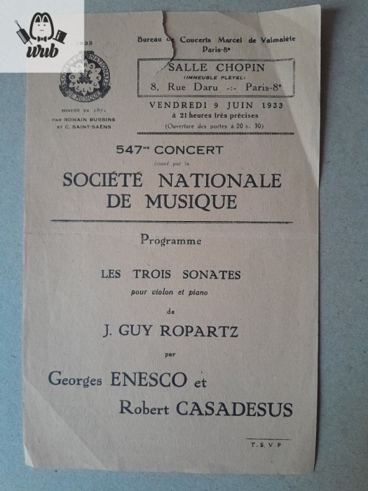 Program de concert George Enescu Paris 1933