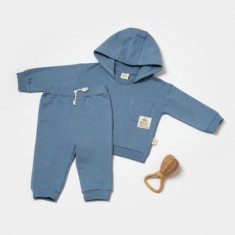 Set hanorac cu gluga si pantaloni, Two thread, 100%bumbac organic - Indigo, BabyCosy (Marime: 6-9 luni)