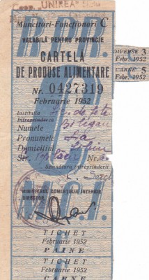TICHET CARTELA PRODUSE ALIMENTARE 1952,CARNE DIVERSE PENTRU MUNC.FUNCTIONARI foto