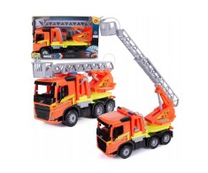 Jucarie pentru copii, Camion Pompieri WORXX Kipper Volvo FMX, Lena, din plastic, 49 cm lungime, cu scara functionala si furtun stropitor, rezervor