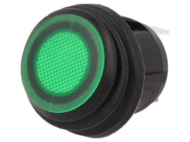 Intrerupator ROCKER SPST 2 pozitii OFF-ON cu retinere 20A/14VDC LED verde IP65 SCI R13-112B8-02-BBG