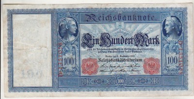 bnk bn Germania 100 Mark Reichsbanknote 1909 circulata , P38 foto