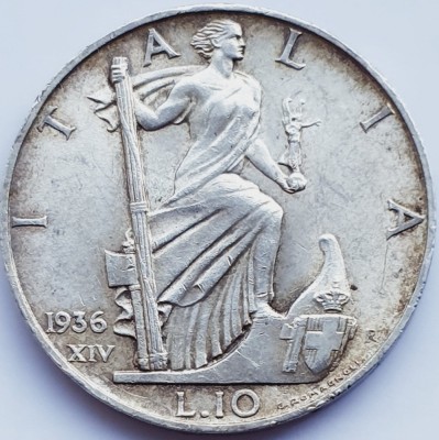 719 Italia 10 Lire 1936 Vittorio Emanuele III km 80 argint foto