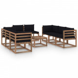 Set mobilier de grădină, 9 piese, cu perne negre