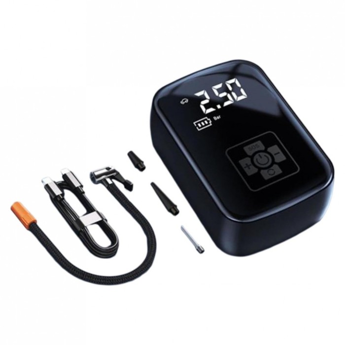 Compresor Auto portabil by DolphinMC&reg;, 12V, Wireless, display digital, Lanterna incorporate, maxim 10 bar / 150 PSI, 30 L/min, 1800 mAh, Negru