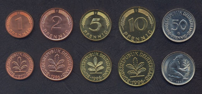 GERMANIA RFG █ SET DE MONEDE █ 1, 2, 5, 10, 50 Pfennig █ 1972-1996 UNC