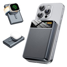 Baterie Externa 3 in 1 10000mAh, Magsafe, Incarcare Rapida 20W, Wireless Magnetica 15W, LED, Compatibil iOS Android, Power Bank Portabil, Gri