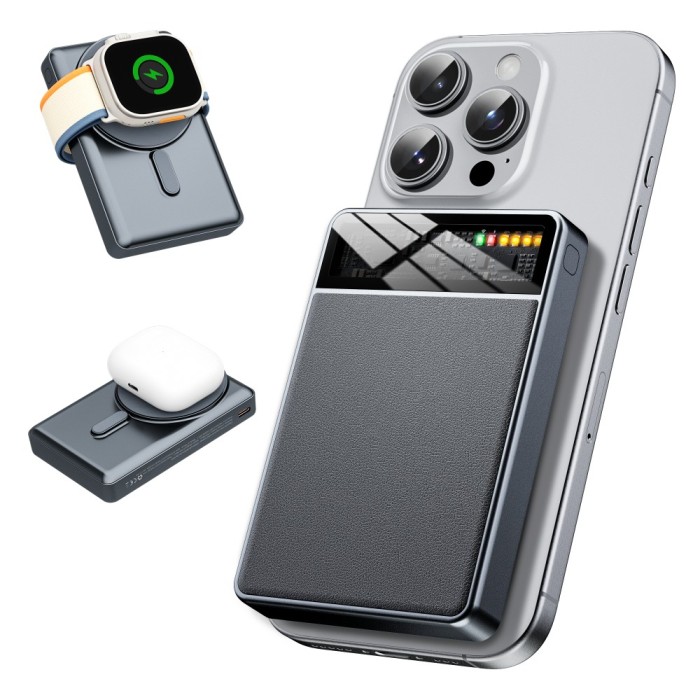 Baterie Externa 3 in 1 10000mAh, Magsafe, Incarcare Rapida 20W, Wireless Magnetica 15W, LED, Compatibil iOS Android, Power Bank Portabil, Gri