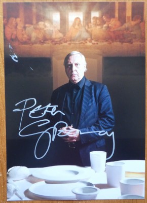 Autograf al regizorului britanic Peter Greenway pe fotografie mare si pe pliant de prezentare al Festiavlului de Film Experimental Bucuresti foto