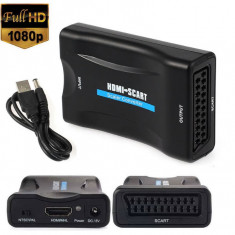 Adaptor HDMI la Scart, Active, Full HD, convertor hdmi digital la euroscart analog cu mufa mama, video si sunet audio, cablu alimentare USB 5V, compat
