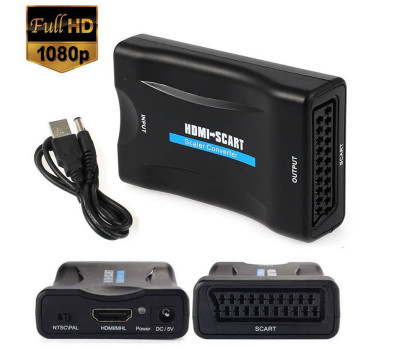 Adaptor HDMI la Scart, Active, Full HD, convertor hdmi digital la euroscart analog cu mufa mama, video si sunet audio, cablu alimentare USB 5V, compat foto