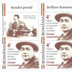 Romania, LP 2097/2016, Romani geniali, bloc de 4 timbre, vinieta posta, MNH