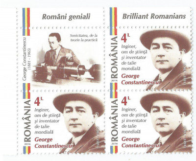 Romania, LP 2097/2016, Romani geniali, bloc de 4 timbre, vinieta posta, MNH foto