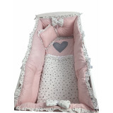Lenjeria cu apărători Super groase și inimioara gri Roz pal - steluțe gri pe alb pat 120x60 cm, Deseda