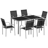 Outsunny Set de mobilier de grădină 6 scaune + 1 masă din oțel salon de grădină 7 piese scaune empilabile placă din sticlă securizată negru | Aosom Ro