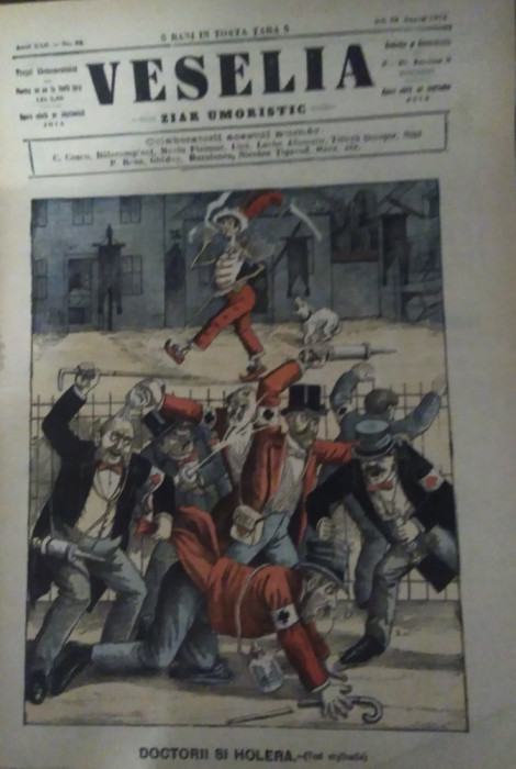 Ziarul Veselia : DOCTORII ȘI HOLERA - gravură, 1913