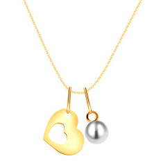 Colier din aur 375 - silueta inimii cu decupaj &icirc;n centru, perlă albă rotundă