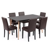 Set Sufragerie Leziter Verona 150 6+1 Masa Negru 150cm 6 Scaune Maro Piele Sintetica