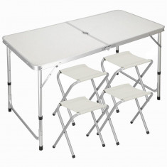 Masa plianta pentru camping, gradina, Springos, cu 4 scaune, aluminiu, MDF, alb, 120x60x63-71 cm
