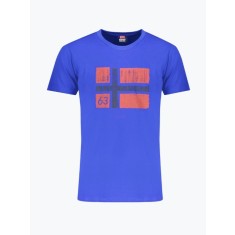 Tricou barbati cu decolteu la baza gatului si imprimeu cu logo, Albastru inchis, M