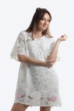 Rochie trapez cu maneca scurta din dantela alba tip macrame, 34, 36, 38, 40, 42, 44, Alb, Onibon