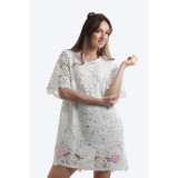 Rochie trapez cu maneca scurta din dantela alba tip macrame