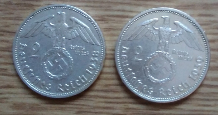 Lot 2 monede argint 2 mark (mărci) 1938 și 1939 Germania III REICH