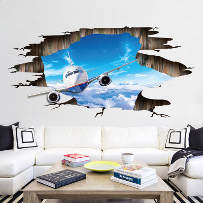 Sticker decorativ 3D, Gaura in perete, avion pe cer 115 cm, 1270ST foto