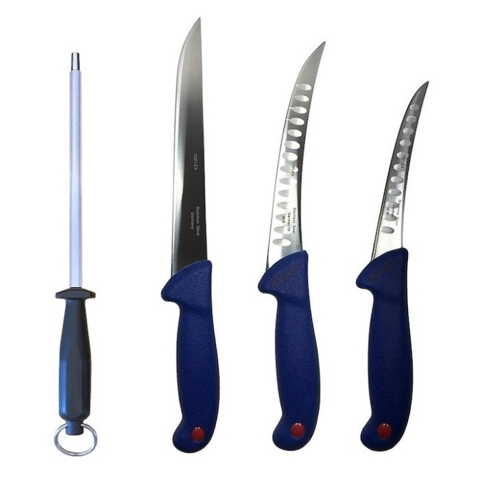 Set profesional de macelarie, dezosat, injunghiat, transat, filetat, masat pentru ascutit, 3 cutite otel carbon