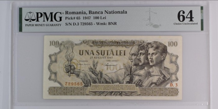 100 lei August 1947 PMG64 UNC bancnota gradata
