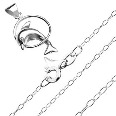Colier din argint 925 - cerc cu delfin săltăreț, lanț cu zale mici