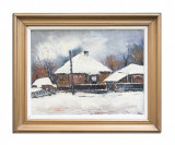 Tablou pictat manual inramat, Peisaj de iarna, 70x60cm, Valeriu Stoica 1996