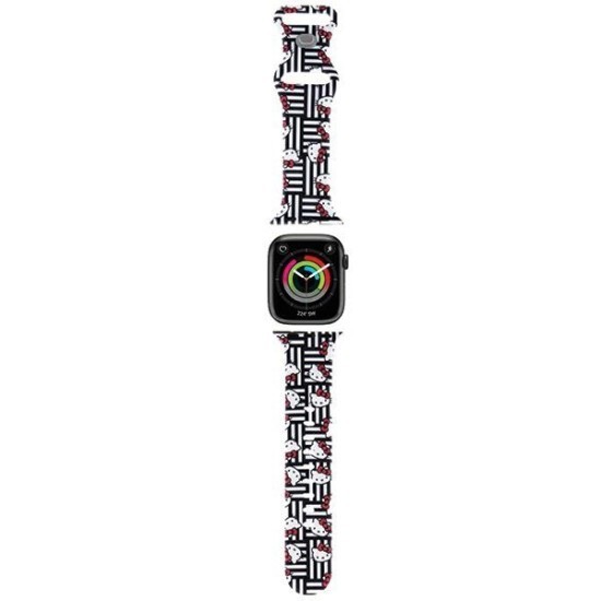 Curea pentru Apple Watch 1/2/3/4/5/6/7/8/9/10/SE/SE 2 (38/40/41/42mm) - Hello Kitty Strap Silicone Heads &amp; Stripes (HKAWMSDIESK) - Black