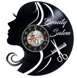 Ceas de perete decorativ realizat din disc de vinil, Model Beauty Salon, Profil Femeie, Foarfeca si Pieptene, Cadran Skeleton, Negru, 30 cm