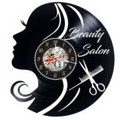 Ceas de perete decorativ realizat din disc de vinil, Model Beauty Salon, Profil Femeie, Foarfeca si Pieptene, Cadran Skeleton, Negru, 30 cm