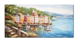 Cumpara ieftin Tablou peisaj lacul Como pictat manual, 140x70cm ulei pe panza in cutit efect 3D, gata de expus pe perete