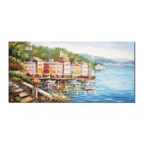 Tablou peisaj lacul Como pictat manual, 140x70cm ulei pe panza in cutit efect 3D, gata de expus pe perete