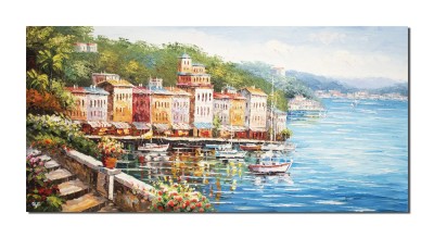 Tablou gigant peisaj lacul Como pictat manual, 140x70cm ulei pe panza in cutit efect 3D, Magistral foto