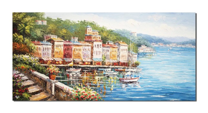 Tablou gigant peisaj lacul Como pictat manual, 140x70cm ulei pe panza in cutit efect 3D, Magistral