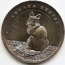 Turcia 1 Lira 2015 - (Turkish Angora Cat) 26.15 mm, KM-1365 UNC !!!
