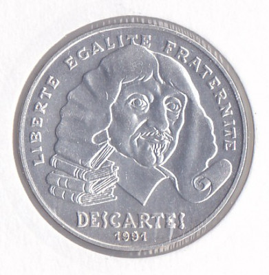 Moneda Franta 100 Franci 1991 - KM#996 aUNC ( argint , comemorativa Descartes ) foto