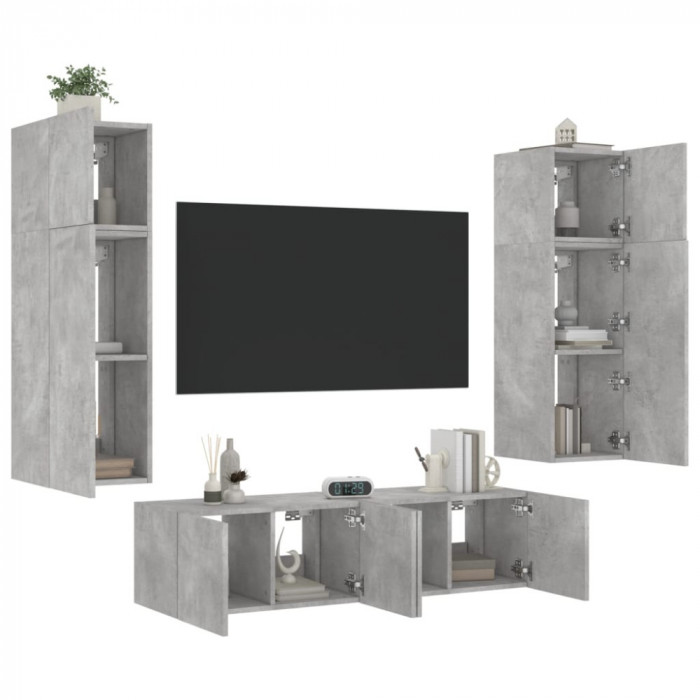 Unitati TV de perete cu LED-uri 6 piese gri beton lemn compozit GartenMobel Dekor