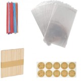Cumpara ieftin Set 400 piese pentru inghetata, 100 bete, 100 pungi, 100 inele de prindere si 100 autocolante, lemn, plastic, multicolor