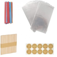 Set 400 piese pentru inghetata, 100 bete, 100 pungi, 100 inele de prindere si 100 autocolante, lemn, plastic, multicolor