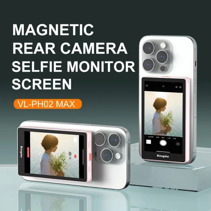 Monitor magnetic, KingMa VL-PH02 MAX, pentru selfie-uri si vlogging, ecran 3.97&quot;, compatibil iPhone, Samsung, Huawei, rezolutie 4K 30fps, roz