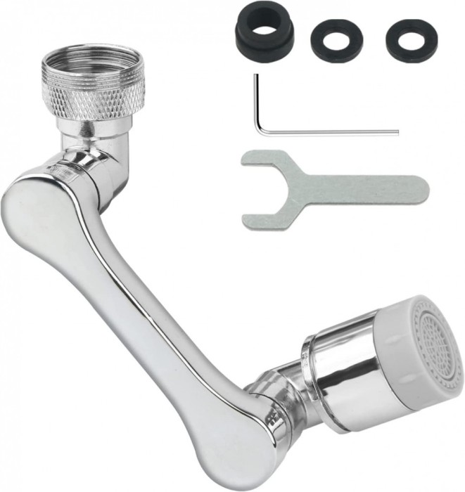 Extensie Robinet Rotativa 1080&deg;, Pivotant In Orice Directiei, Functie de Economisire a Apei, aliaj de cupru, 95mm, Argintiu